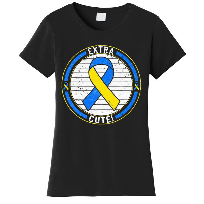 Extra Cute Ribbon Blue And Yellow World Down Syndrome Day Women's T-Shirt