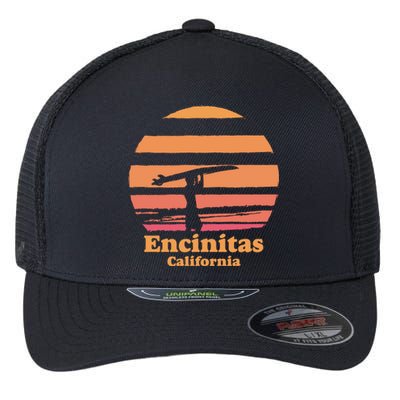 Encinitas California Retro Surf Vintage Surfing Sun 70's Gift Flexfit Unipanel Trucker Cap