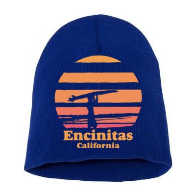 Encinitas California Retro Surf Vintage Surfing Sun 70's Gift Short Acrylic Beanie