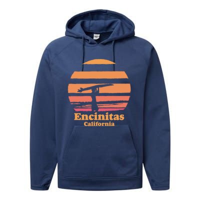 Encinitas California Retro Surf Vintage Surfing Sun 70's Gift Performance Fleece Hoodie