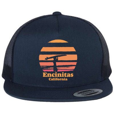 Encinitas California Retro Surf Vintage Surfing Sun 70's Gift Flat Bill Trucker Hat