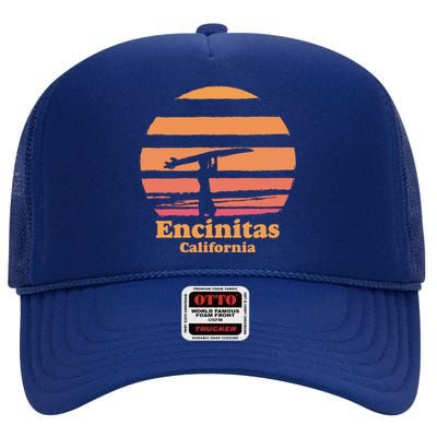 Encinitas California Retro Surf Vintage Surfing Sun 70's Gift High Crown Mesh Back Trucker Hat