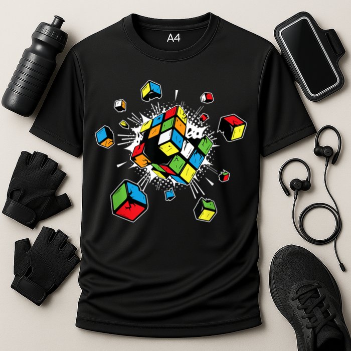 Exploding Cube Speed Cubing Puzzle Master Cooling Performance Crew T-Shirt