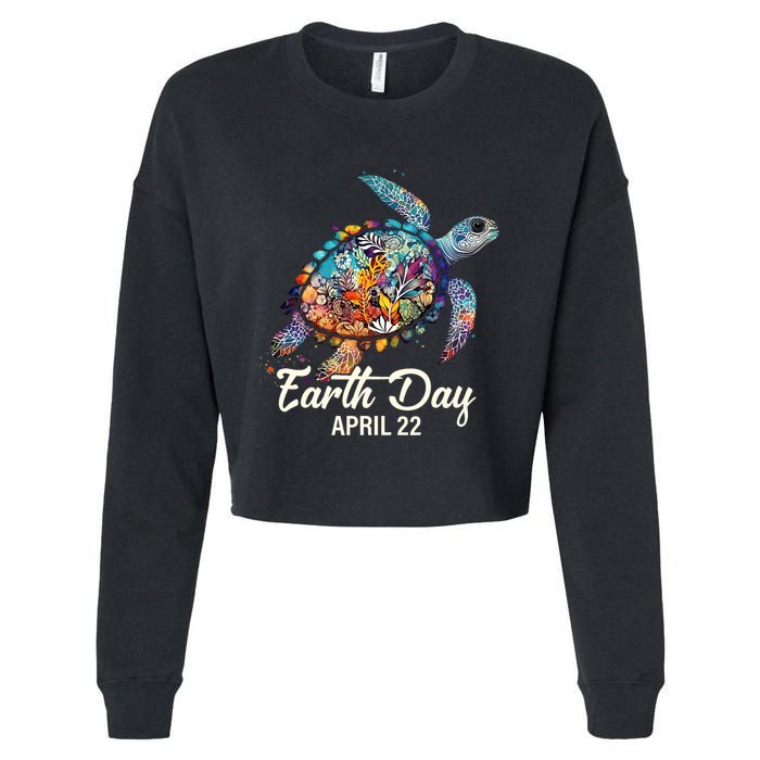 Earth Day 2024 Restore Earth Sea Turtle Art Save The Planet Cropped Pullover Crew