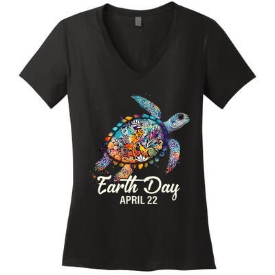 Earth Day 2024 Restore Earth Sea Turtle Art Save The Planet Women's V-Neck T-Shirt