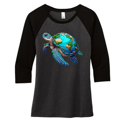 Earth Day 2024 Restore Earth Sea Turtle Art Save The Planet Women's Tri-Blend 3/4-Sleeve Raglan Shirt