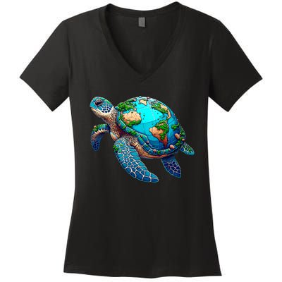 Earth Day 2024 Restore Earth Sea Turtle Art Save The Planet Women's V-Neck T-Shirt