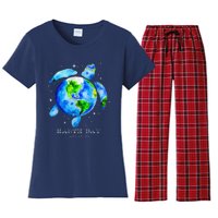 Earth Day 2024 Restore Earth Sea Turtle Art Save The Planet Women's Flannel Pajama Set