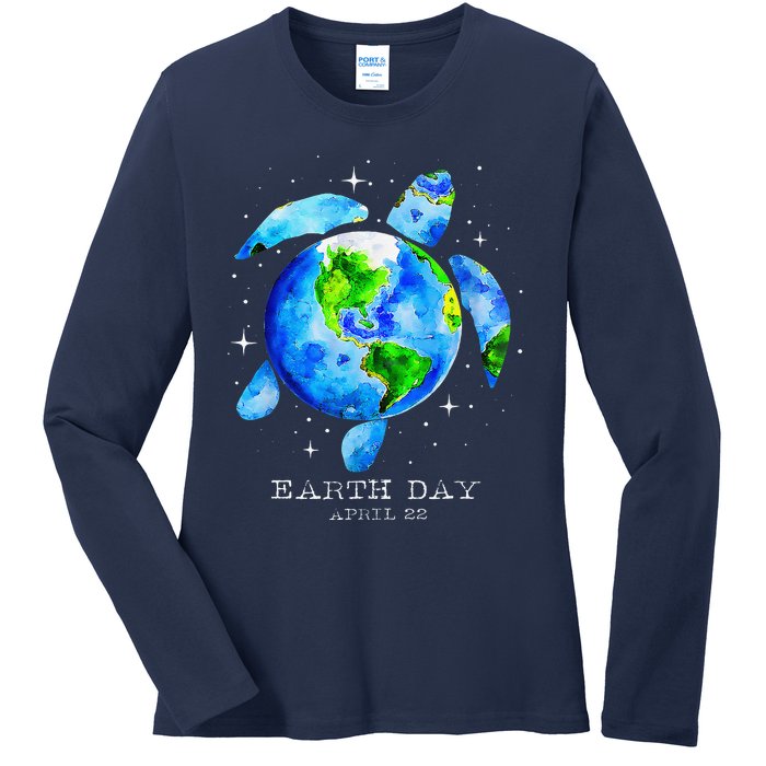 Earth Day 2024 Restore Earth Sea Turtle Art Save The Planet Ladies Long Sleeve Shirt