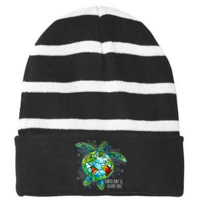 Earth Day 2024 Restore Recycle Sea Turtle Save The Planet Striped Beanie with Solid Band