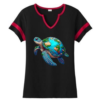 Earth Day 2024 Restore Earth Sea Turtle Art Save The Planet Ladies Halftime Notch Neck Tee