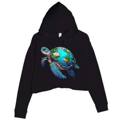 Earth Day 2024 Restore Earth Sea Turtle Art Save The Planet Crop Fleece Hoodie