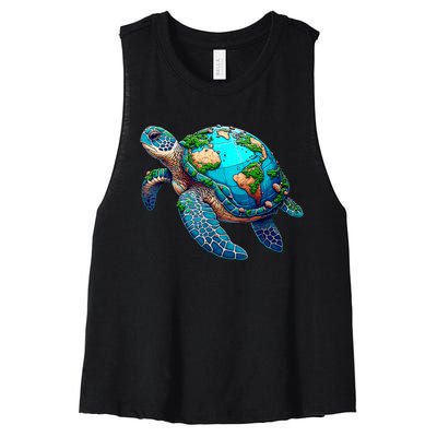 Earth Day 2024 Restore Earth Sea Turtle Art Save The Planet Women's Racerback Cropped Tank