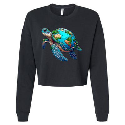 Earth Day 2024 Restore Earth Sea Turtle Art Save The Planet Cropped Pullover Crew