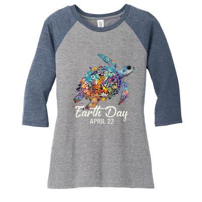 Earth Day 2024 Restore Earth Sea Turtle Art Save The Planet Women's Tri-Blend 3/4-Sleeve Raglan Shirt