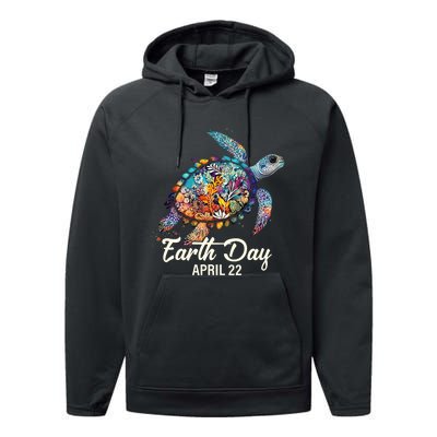 Earth Day 2024 Restore Earth Sea Turtle Art Save The Planet Performance Fleece Hoodie