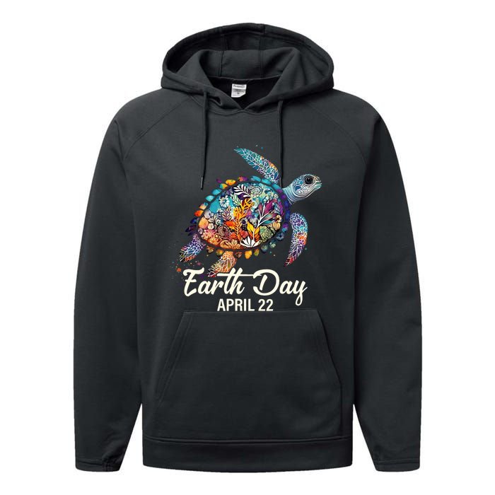 Earth Day 2024 Restore Earth Sea Turtle Art Save The Planet Performance Fleece Hoodie