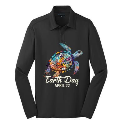 Earth Day 2024 Restore Earth Sea Turtle Art Save The Planet Silk Touch Performance Long Sleeve Polo