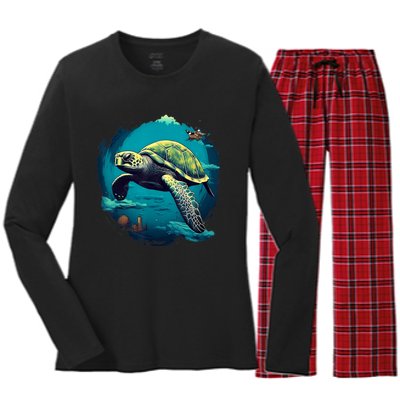 Earth Day 2024 Restore Earth Sea Turtle Art Save The Planet Women's Long Sleeve Flannel Pajama Set 