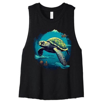 Earth Day 2024 Restore Earth Sea Turtle Art Save The Planet Women's Racerback Cropped Tank