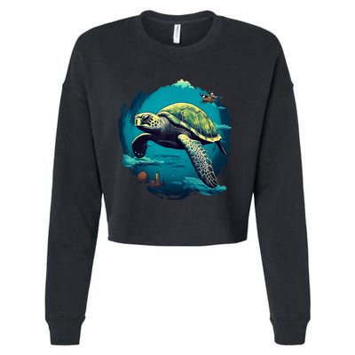 Earth Day 2024 Restore Earth Sea Turtle Art Save The Planet Cropped Pullover Crew