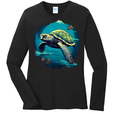 Earth Day 2024 Restore Earth Sea Turtle Art Save The Planet Ladies Long Sleeve Shirt