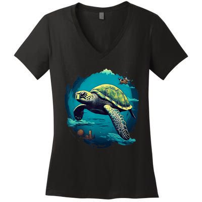 Earth Day 2024 Restore Earth Sea Turtle Art Save The Planet Women's V-Neck T-Shirt