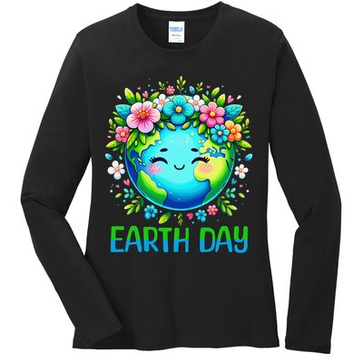 Earth Day 2025 Flower Crowns  Women  Save Earth Ladies Long Sleeve Shirt
