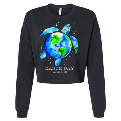 Earth Day 2025 Restore Earth Sea Turtle Art Save The Planet Cropped Pullover Crew