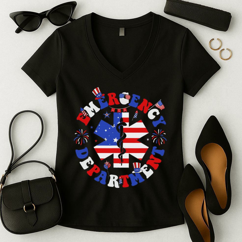 Emergency Department 4th Of July Usa Emergency Room Nurse Women's V-Neck T-Shirt