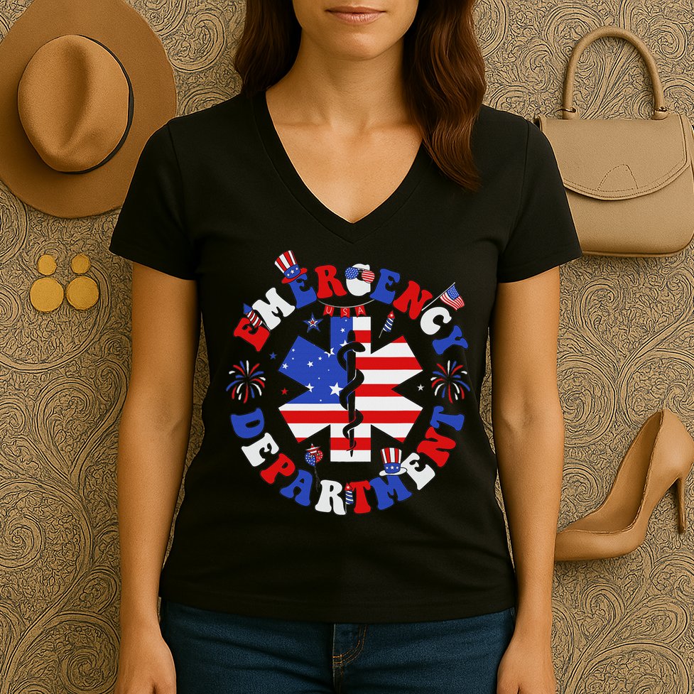Emergency Department 4th Of July Usa Emergency Room Nurse Women's V-Neck T-Shirt