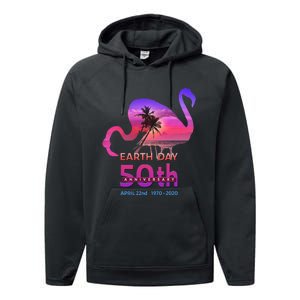 Earth Day 50th Anniversary Pink Flamingos Sunset Silhouette Performance Fleece Hoodie