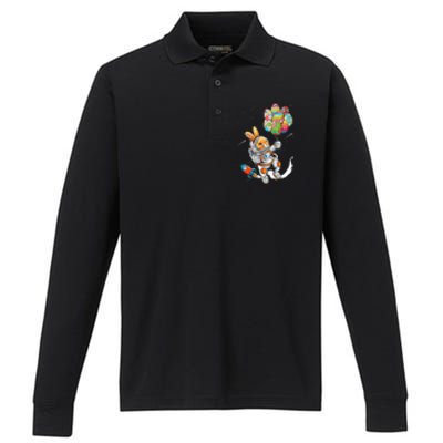 Easter Day Astronaut Bunny Rabbit Planet Egg Performance Long Sleeve Polo