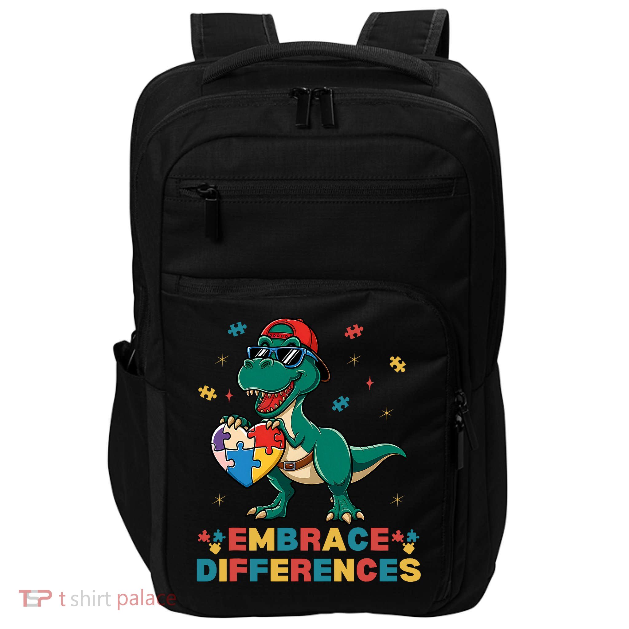 Embrace Differences Autism Awareness T-Rex Puzzle Heart T-Shirt Impact Tech Backpack