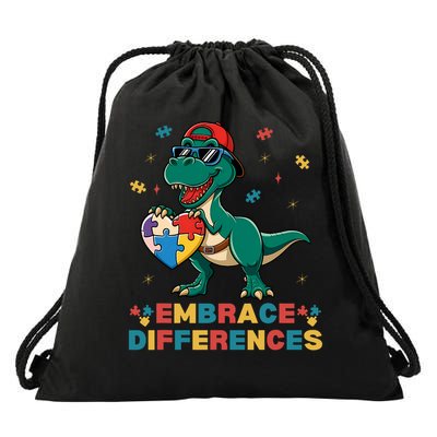 Embrace Differences Autism Awareness T-Rex Puzzle Heart T-Shirt Drawstring Bag