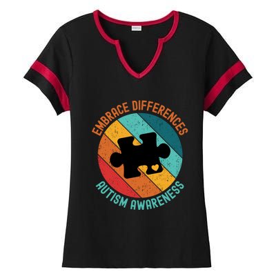 Embrace Differences Autism Awareness Vintage Puzzle Piece Meaningful Gift Ladies Halftime Notch Neck Tee