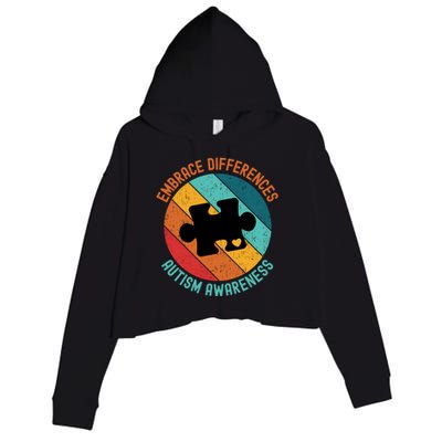 Embrace Differences Autism Awareness Vintage Puzzle Piece Meaningful Gift Crop Fleece Hoodie