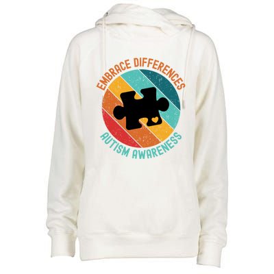 Embrace Differences Autism Awareness Vintage Puzzle Piece Meaningful Gift Womens Funnel Neck Pullover Hood