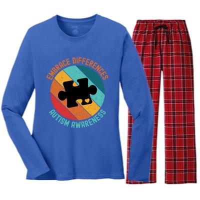 Embrace Differences Autism Awareness Vintage Puzzle Piece Meaningful Gift Women's Long Sleeve Flannel Pajama Set 