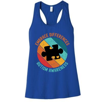 Embrace Differences Autism Awareness Vintage Puzzle Piece Meaningful Gift Women's Racerback Tank