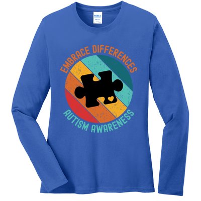 Embrace Differences Autism Awareness Vintage Puzzle Piece Meaningful Gift Ladies Long Sleeve Shirt