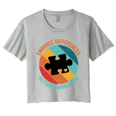 Embrace Differences Autism Awareness Vintage Puzzle Piece Meaningful Gift Women's Crop Top Tee