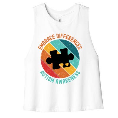 Embrace Differences Autism Awareness Vintage Puzzle Piece Meaningful Gift Women's Racerback Cropped Tank