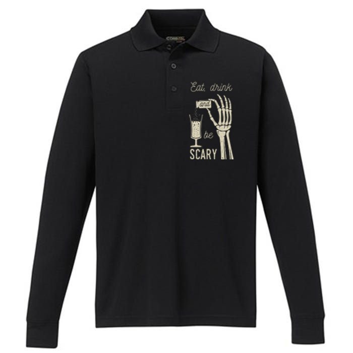 Eat Drink And Be Scary Halloween Party Design Performance Long Sleeve Polo