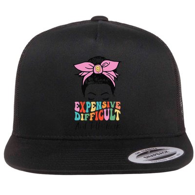 Expensive Difficult And Talks BacK Mother's Day Messy Bun Flat Bill Trucker Hat