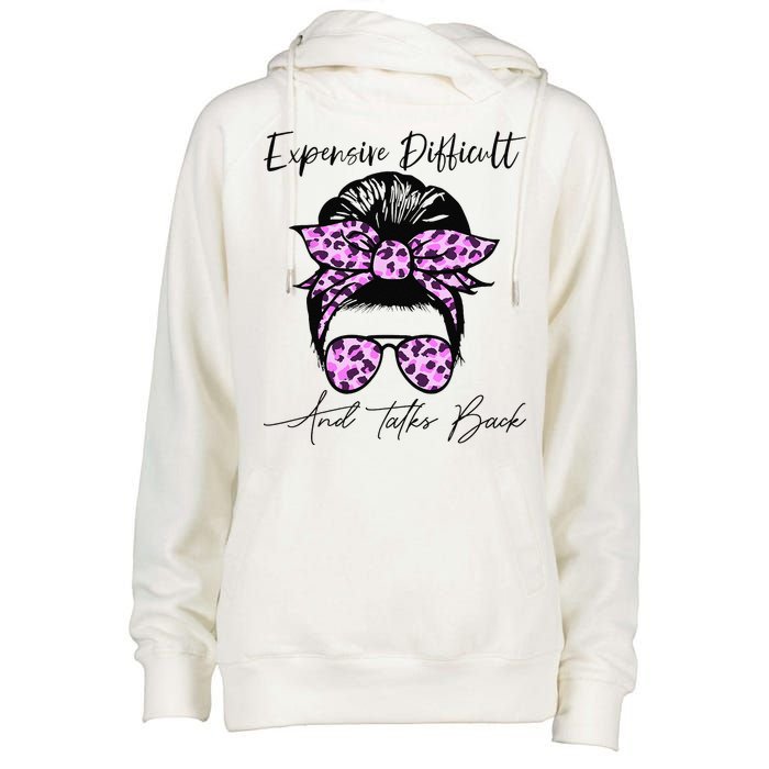 Expensive Difficult And Talks Back Messy Bun Leopard Pattern Womens Funnel Neck Pullover Hood