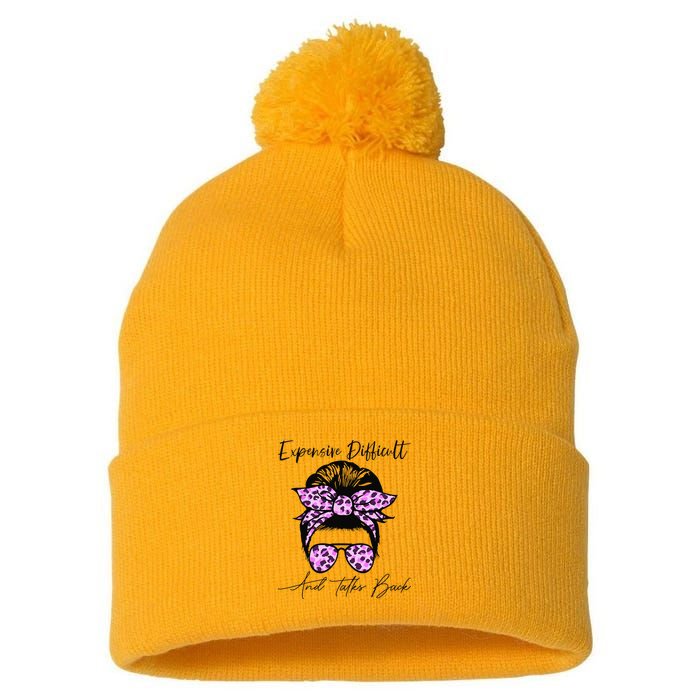 Expensive Difficult And Talks Back Messy Bun Leopard Pattern Pom Pom 12in Knit Beanie