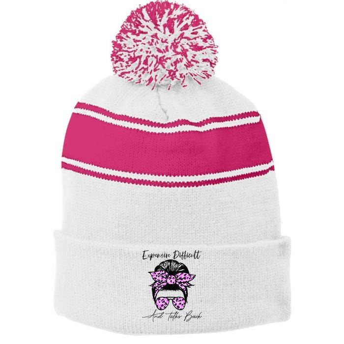 Expensive Difficult And Talks Back Messy Bun Leopard Pattern Stripe Pom Pom Beanie