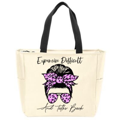 Expensive Difficult And Talks Back Messy Bun Leopard Pattern Zip Tote Bag
