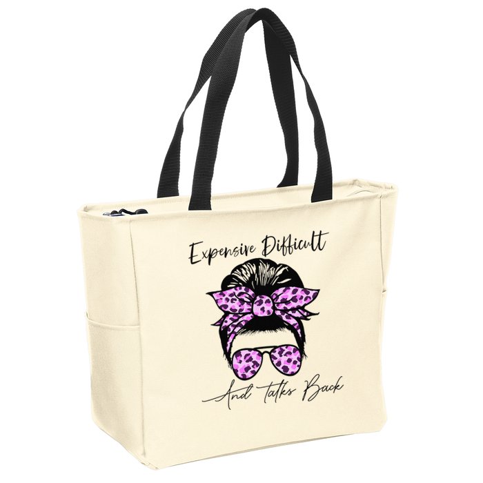 Expensive Difficult And Talks Back Messy Bun Leopard Pattern Zip Tote Bag